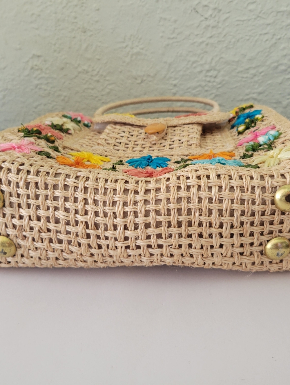 Vintage Woven Straw Raffia Bag Embroidered Floral Tyler Made In Phillipines - Picture 6 of 16